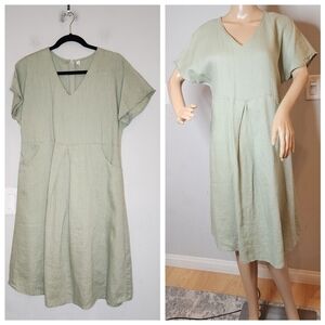 Grae Cove 100% Linen Green V-Neck Flutter Sleeve Dress Pockets size small